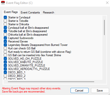A list of Event Flags in PKHeX. 'Kurt can check GS Ball', 'Kurt ready to return GS ball', and 'GS Ball can be inserted into Ilex Forest shrine' are the three of note.