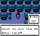Kris interacting with the Ilex Shrine in Crystal. The text box reads 'Want to put the GS Ball here?' and there is a Yes/No prompt.