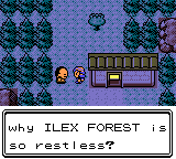 Kris talking to Kurt in Crystal. The text box reads 'why ILEX FOREST is so restless?'