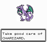 A Charizard being traded. The text box reads 'Take good care of Charizard.'
