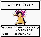 A shiny Typhlosion in the Hall of Fame in Crystal named Cinders