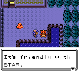 Kris interacting with a Pokemon at the Daycare. The text box reads 'It's friendly with Star.'