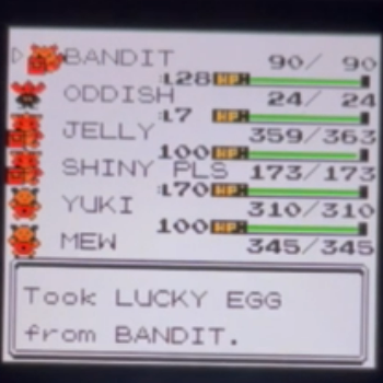 Taking the Lucky Egg from Houndoom in the party menu. The text box reads 'Took Lucky Egg from Bandit'