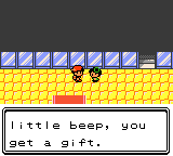 In-game dialogue that reads "little beep, you get a gift."