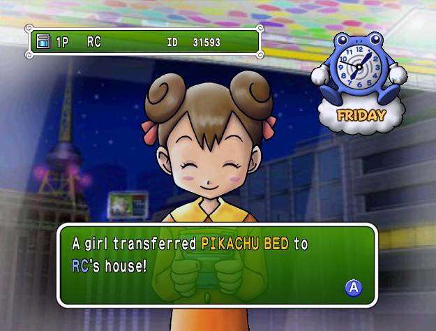 The player receiving a Pikachu Bed from Carrie. The text reads, 'A girl transferred PIKACHU BED to RC's house!'