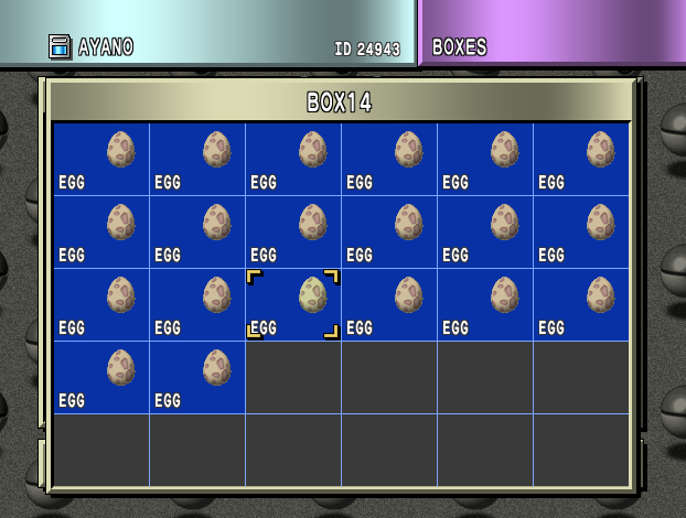 A shiny egg in Stadium 2 surrounded by non-shiny eggs of a different color