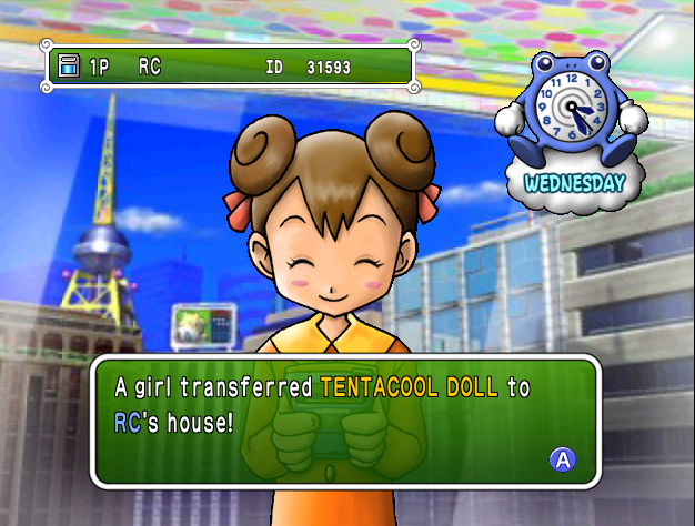 The player receiving a Tentacool Doll from Carrie. The text reads, 'A girl transferred TENTACOOL DOLL to RC's house!'