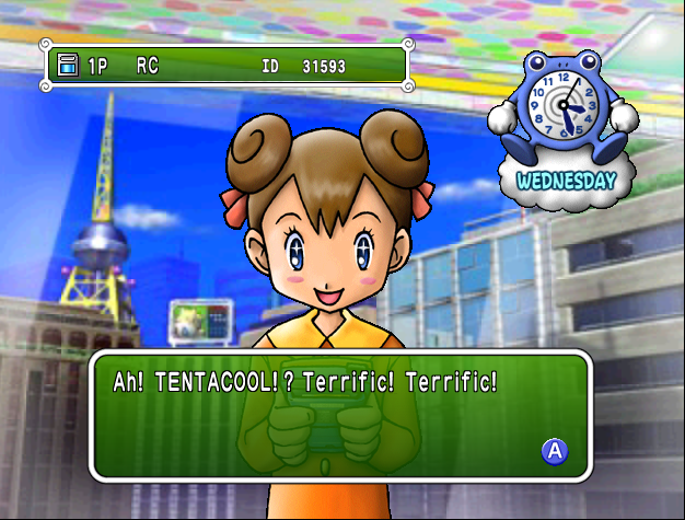 The player gifting a Tentacool Doll to Carrie. The text reads, 'Ah! TENTACOOL!? Terrific! Terrific!'