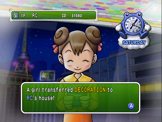 The player receiving an Unown Doll from Carrie. The text reads, 'A girl transferred DECORATION to RC's house!'