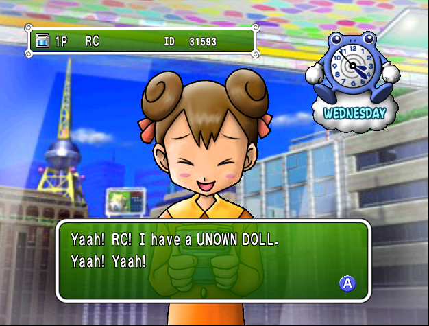 The player gifting an Unown Doll to Carrie. The text reads, 'Yaah! RC! I have a UNOWN DOLL. Yaah! Yaah!'